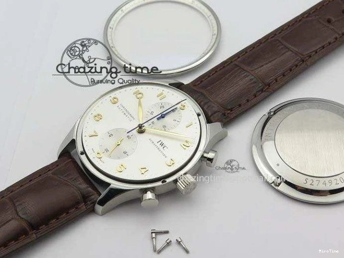 MIROTIME 0126 ModernLook Portuguese IW371445 ZF 1:1 Best Edition SS White Dial Gold Markers On Brown Leather Strap A79350 V 7269